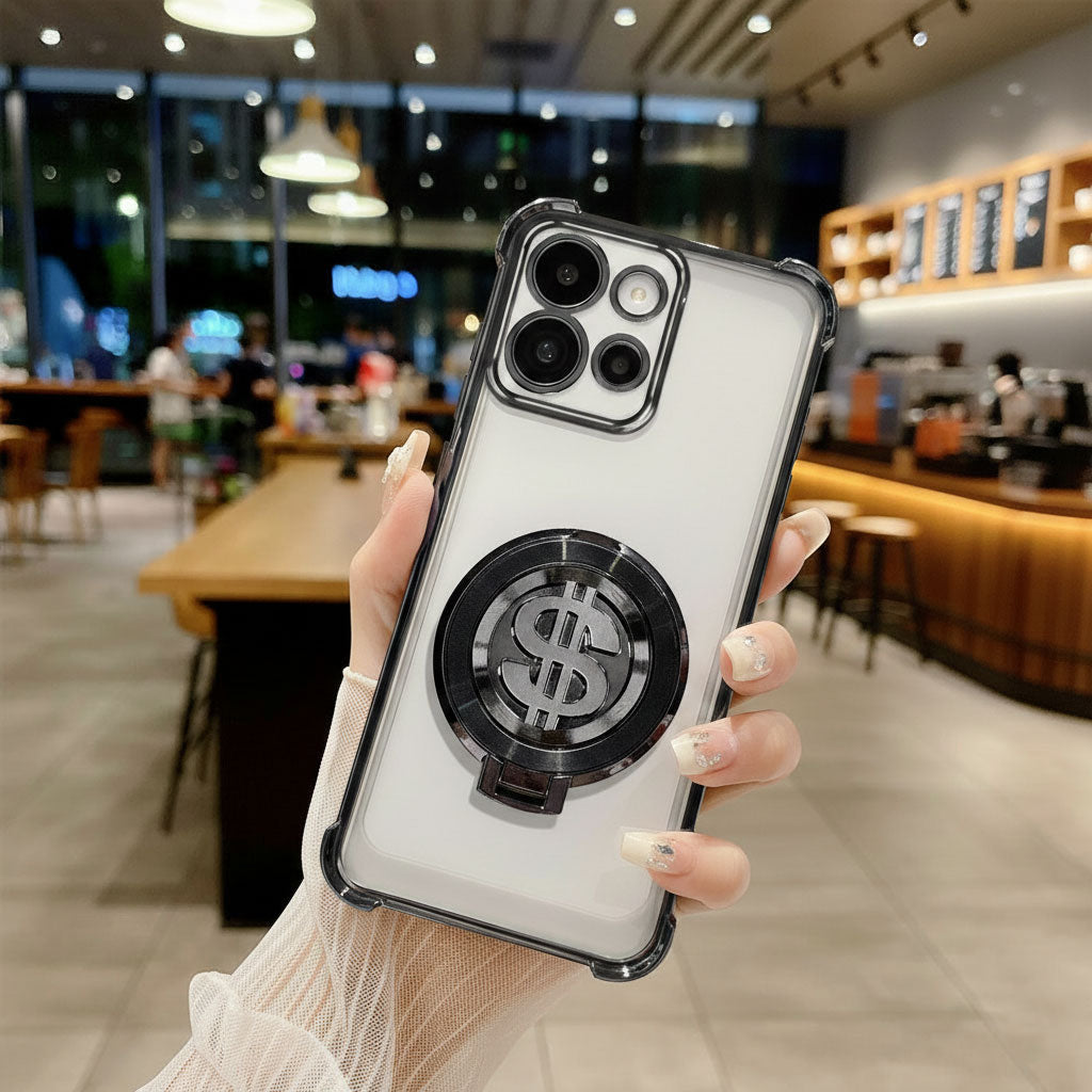 Phone case with a dollar sign design held in a hand, blurred cafe background