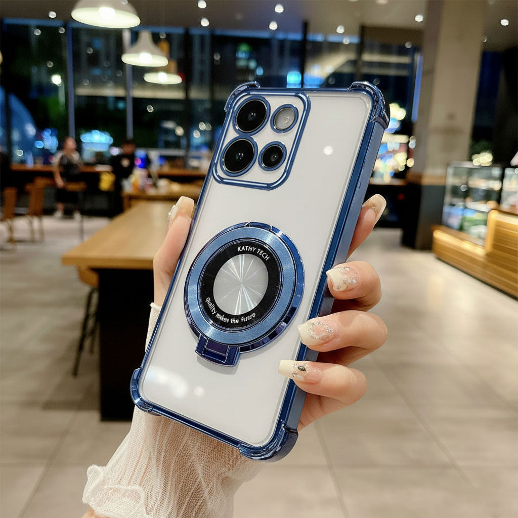 Phone case with ring holder held by a hand in a blurred indoor setting