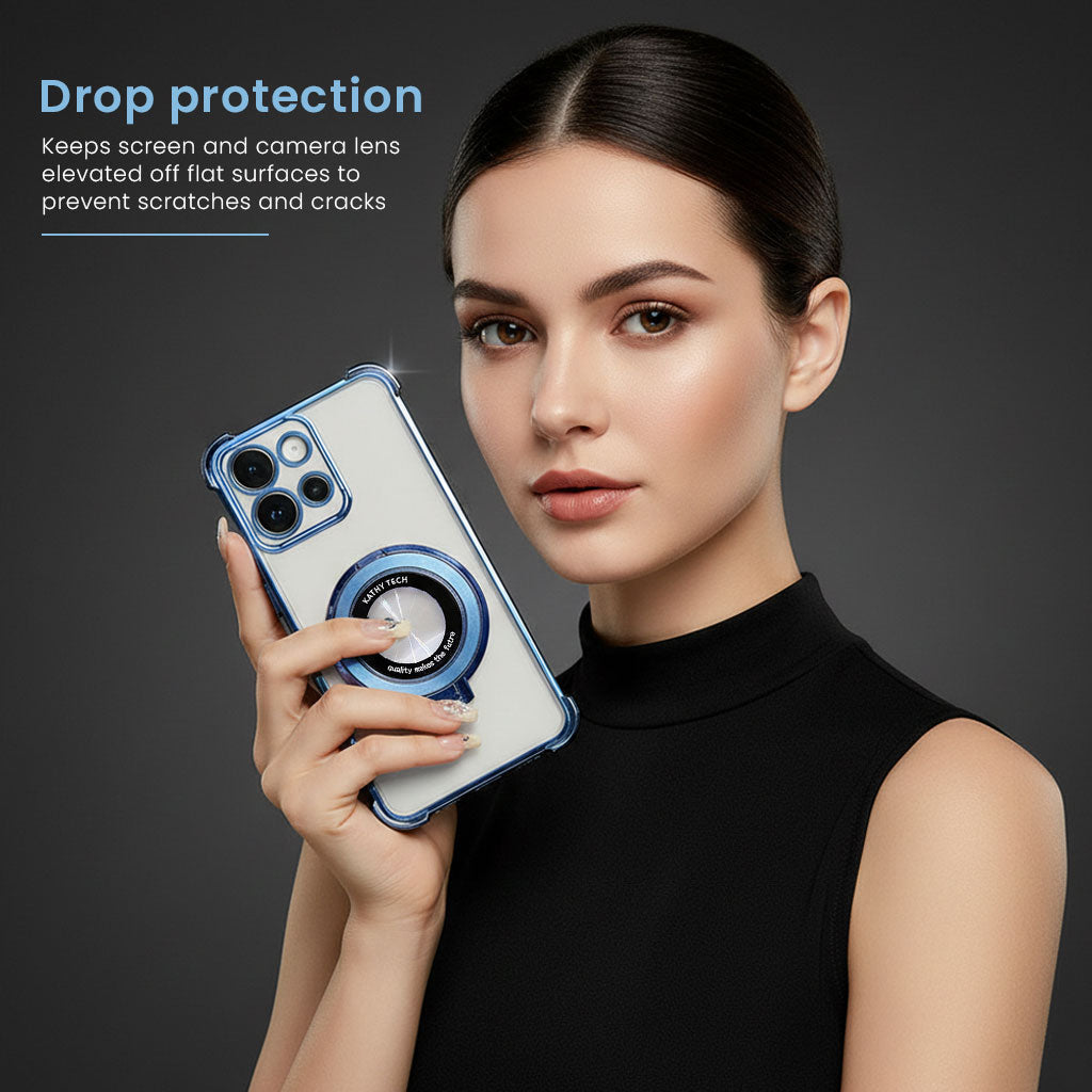 Woman holding a phone with a drop protection case against a dark background