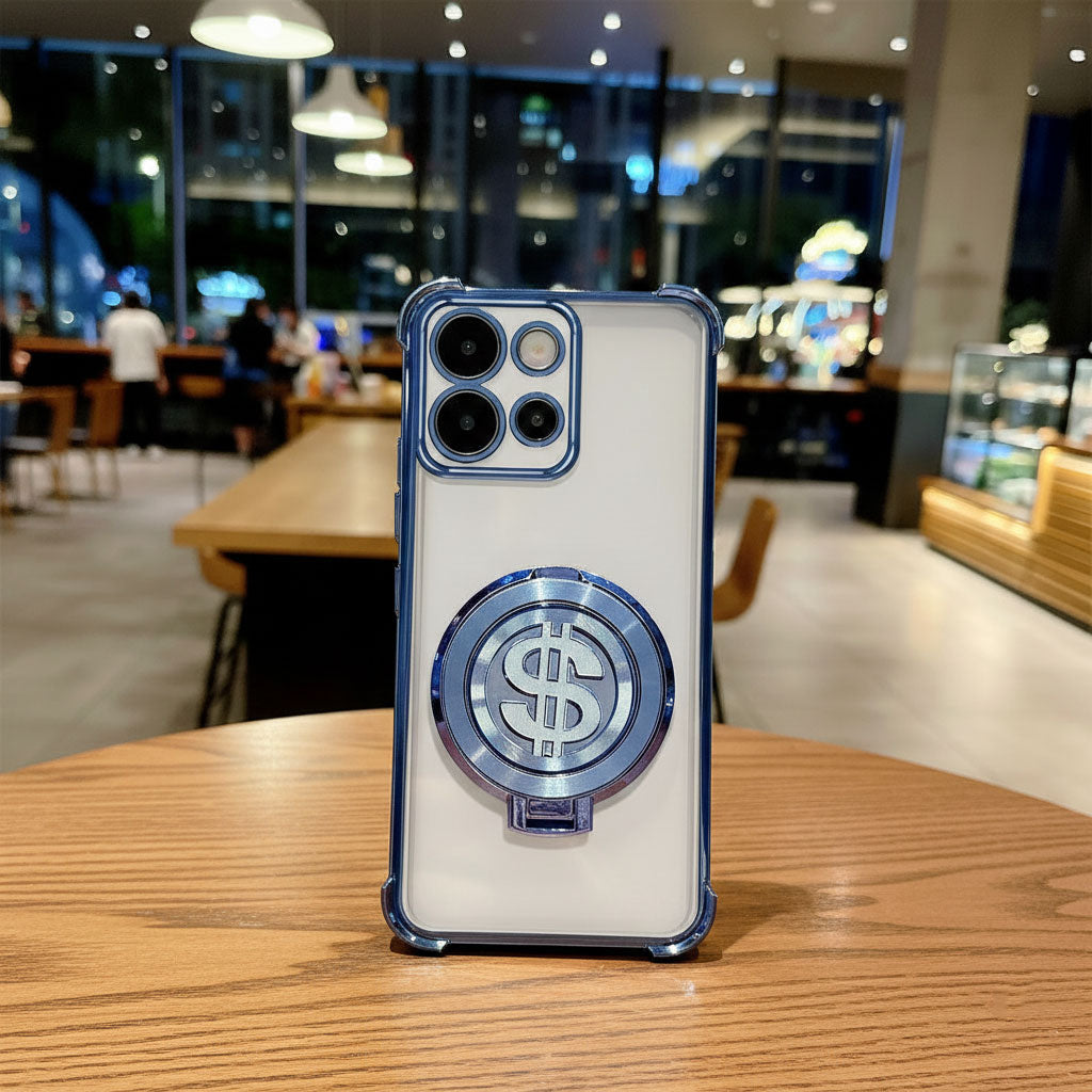Phone case with dollar sign design on a wooden table in a blurred indoor setting