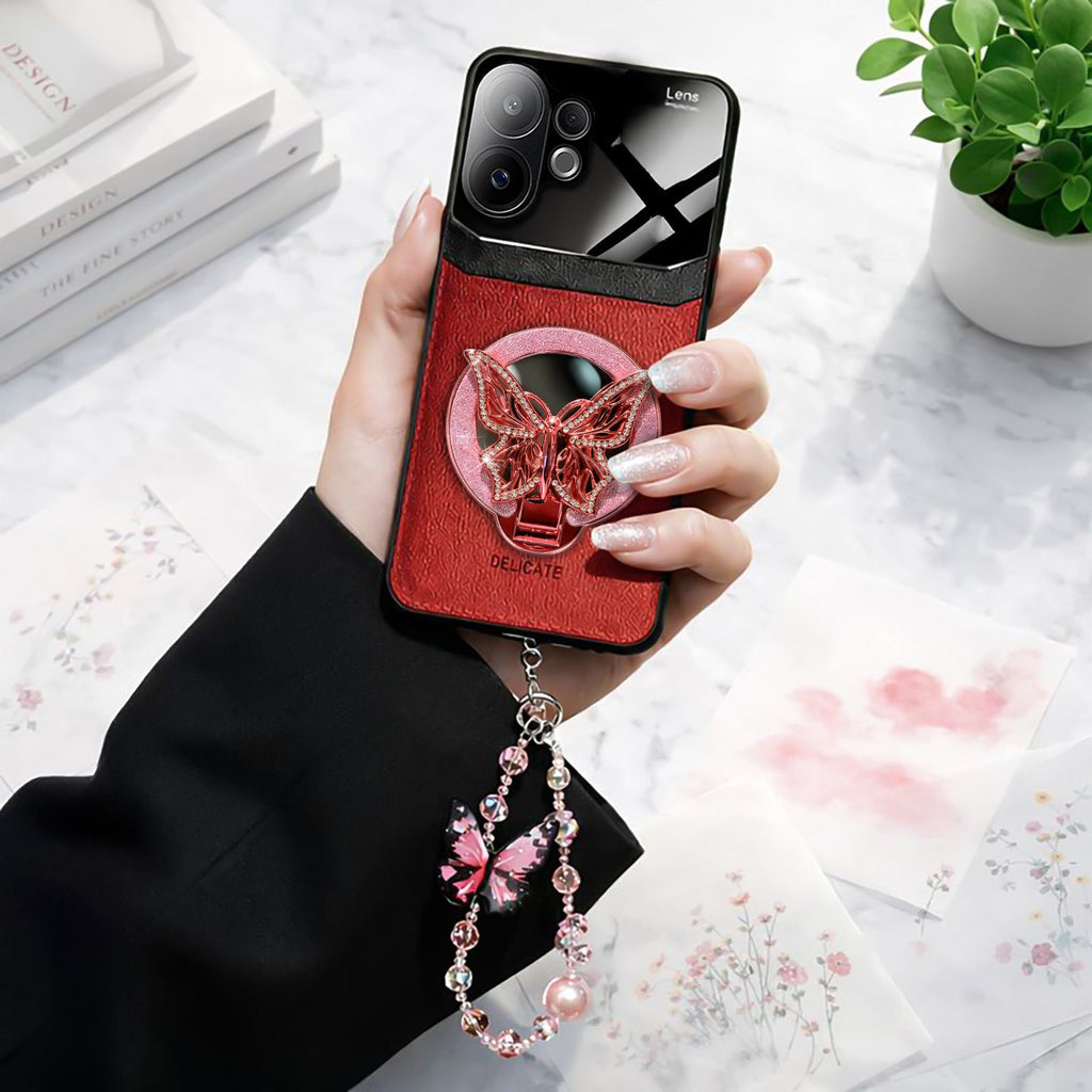 Vivo V60 5G Premium Leather Lens Butterfly Stand Case with Charm Strap