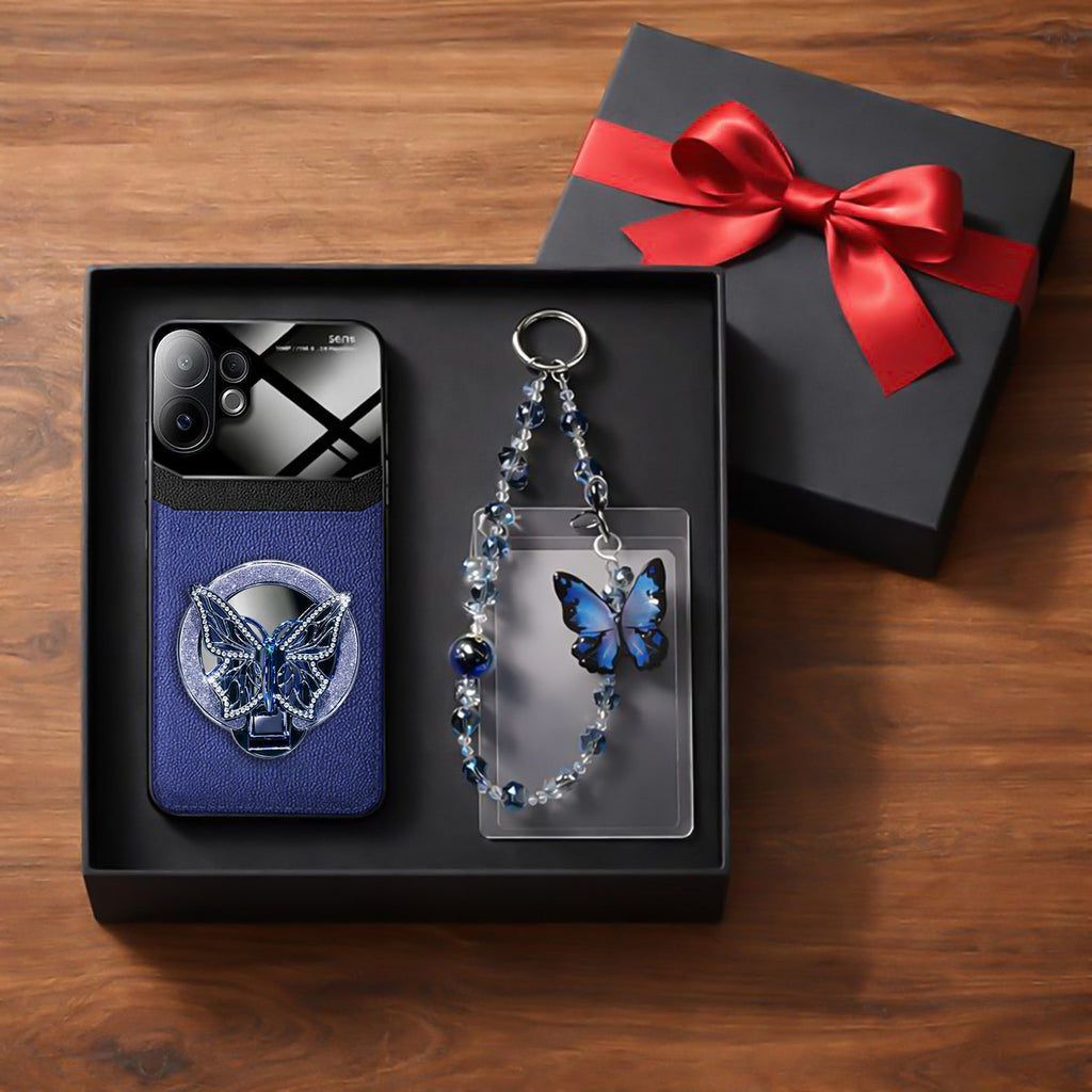 Vivo V60 5G Premium Leather Lens Butterfly Stand Case with Charm Strap