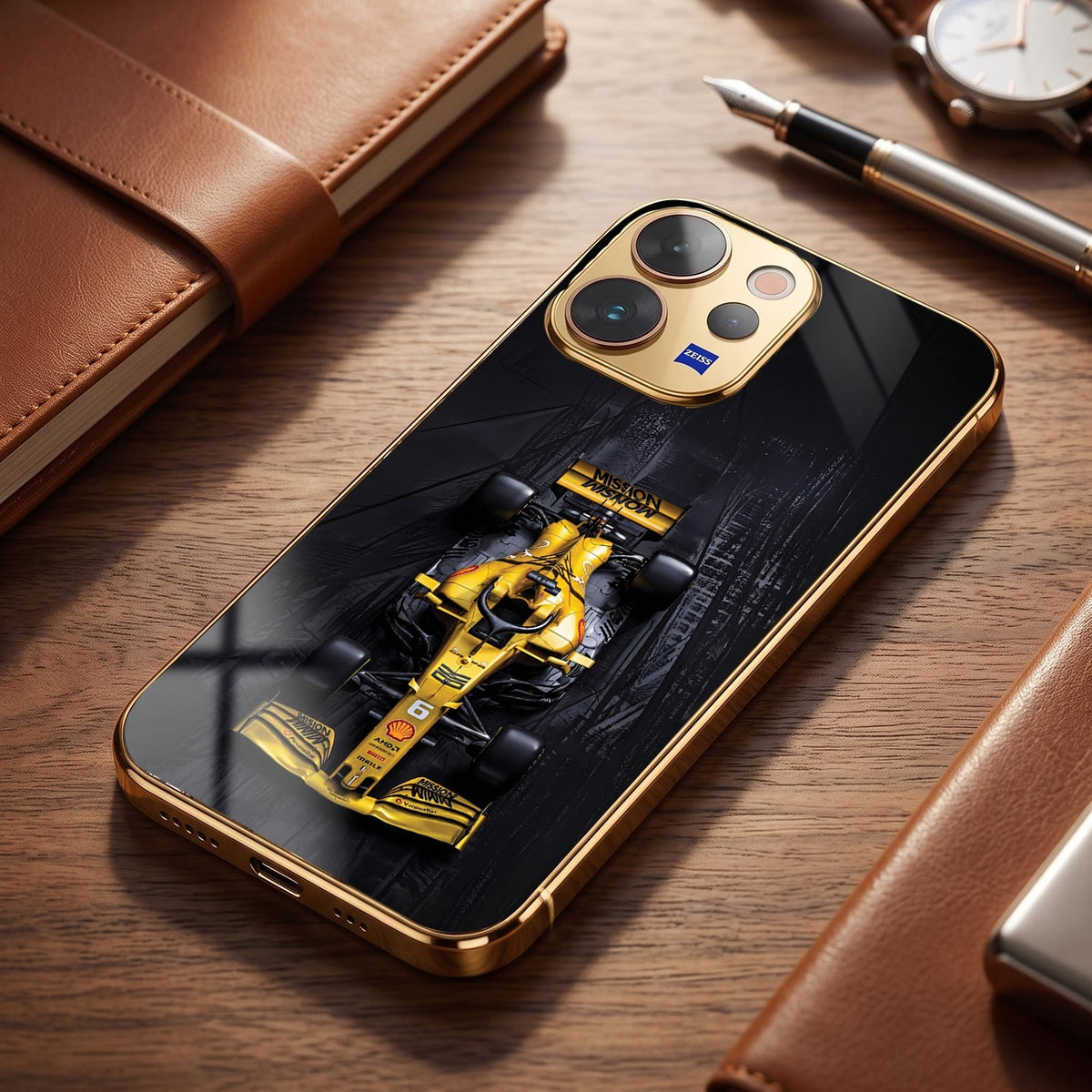 Vivo V70 5G F1 Racing Car Gold Electroplated Glass Phone Back Case